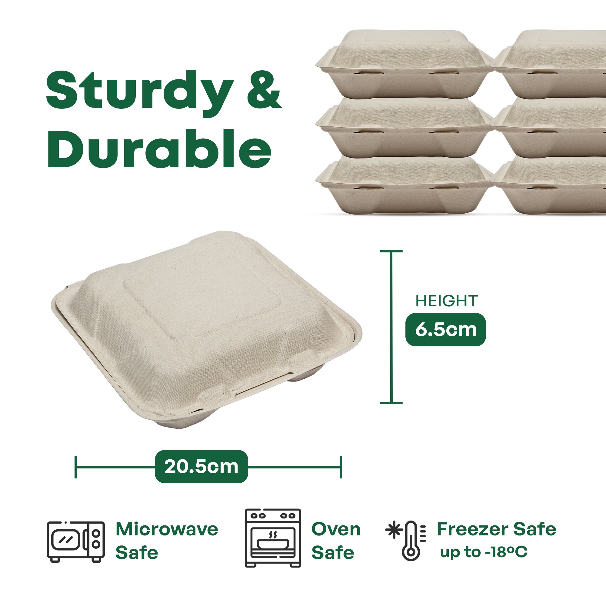 8" Bagasse Clamshell (20.5 x 20.5 x 4/6.5CM)